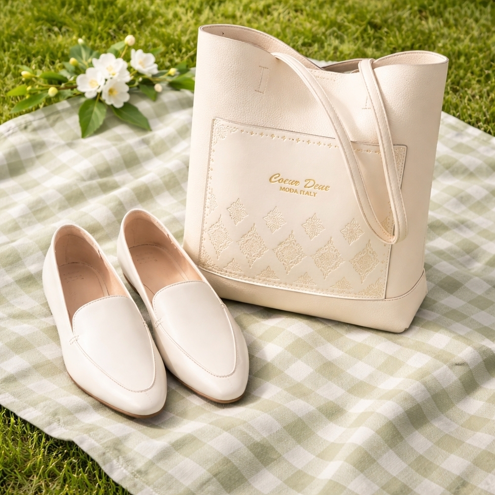 a new day Cream Pointed Slip-On Loafers with Matching Cream Tote